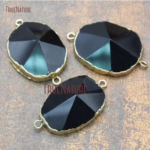 Gold Plating Pyramid Faceted Oval Shape Double Bail Pendant Onyx Connector 38x25mm PC12388