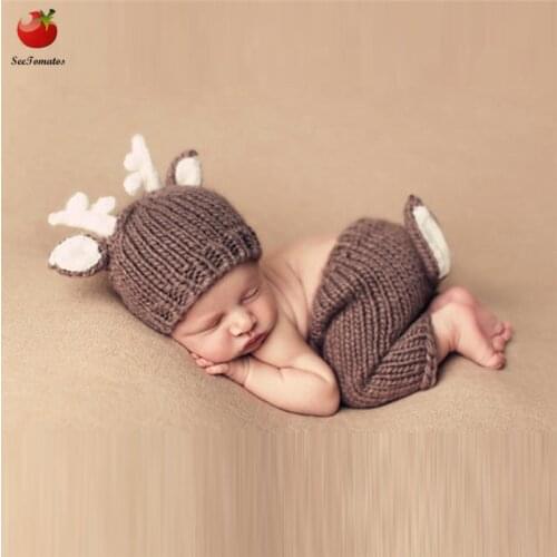 Newborn Photography Props Baby Hat Christmas Deer Design Handmade Crochet Deer Costume Set Knitted Hats and Pants Set