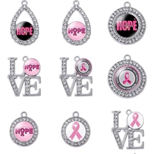 Rhinestone Love Glass stick pic Breast Cancer Awareness Pink Hope Ribbon Charms Pendant Fit DIY Bracelet & Necklace Jewelry