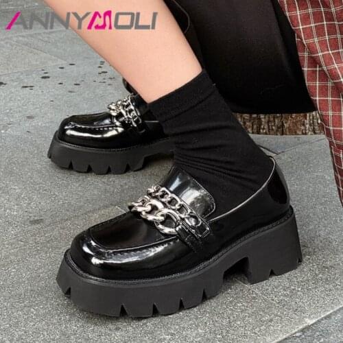 ANNYMOLI Natural Genuine Leather Women Shoes Platform High Heels Chain Square Toe Pumps Block Heel Female Footwear Spring Black