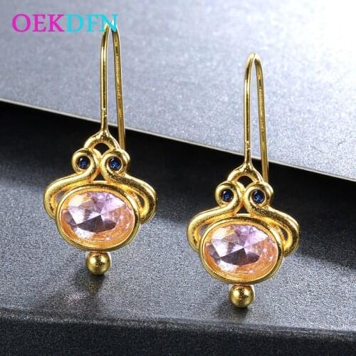 OEKDFN Vintage 100% 925 Sterling Silver Earrings Rose Quartz Sapphire Gemstone Drop Dangle Yellow Gold Earrings Fine Jewelry