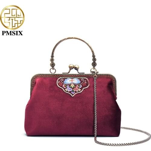 PMSIX Vintage Velour Red Women Crossbody Bags Retro Fashion Luxury Female Handbags Designer Brand Exquisite Small Ladies Bag