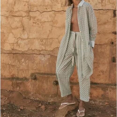 TRAF Women 2021 Fashion Embroidered Patchwork Long Shirt Retro Long Sleeve Pocket Buttoned Hem Asymmetrical Shirt Streetwear