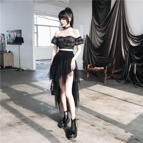 Womens High Waist Bust Mesh Skirt Short Front and Long Back 2021 Korean New Office Lady Ball Gown Knee-Length