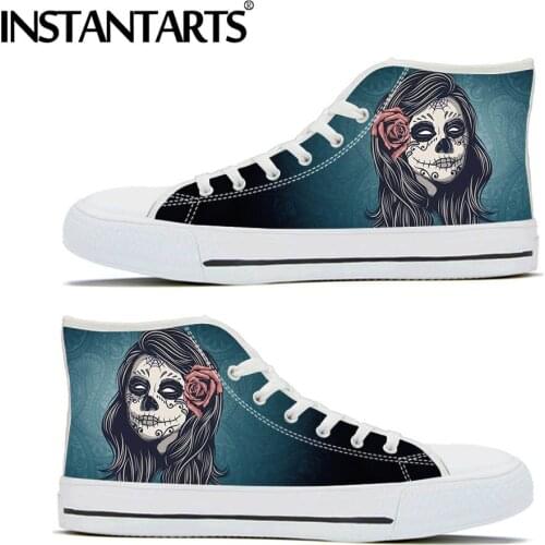 INSTANTARTS Fashion Autumn Vulcanized Classic High Top Canvas Gothic Shoes Women Lace Up Sneaker Sugar Skull Print Casual Shoes