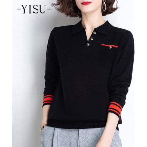 YISU 2021 Spring Women Sweater Lapel Pocket Fashion Knitted pullove Long sleeve Fashion stripe Female Casual Loose Jumper