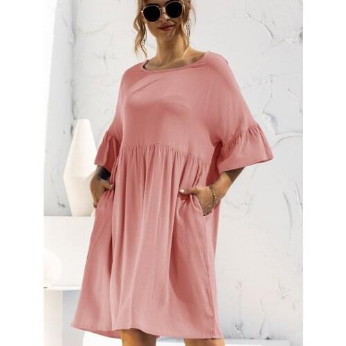 Womens Summer Dress A-line Patchwork Ruffled Pockets Decorative Neckline Half-sleeved Mid-waist Loose Pullover Dress