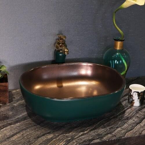 Gold and green glazed Europe style luxury bathroom vanities chinese Jingdezhen Art Counter Top ceramic wash basin bathroom sink