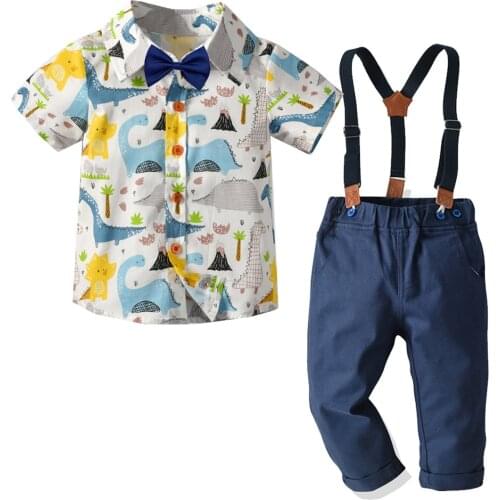 2021 Spring Summer New Boys Short-Sleeved Shirt Children Bow Tie Overalls Gentleman Sets Clothes T Shirt + Pants Two-Piece Suit