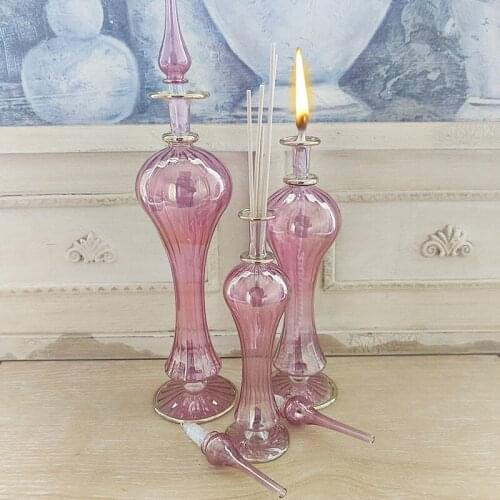 3 Pcs Functional Use Bottles Handmade Blown Glass Body Fragrance Bottle, Oil Lamp Bottle, Aroma Oil Bottle, Aroma Oil Diffuser Rattan Sticks Perfume Volatiles Refills Sticks and Oil Lamp Brass Part Mechanism, 3 Bottles