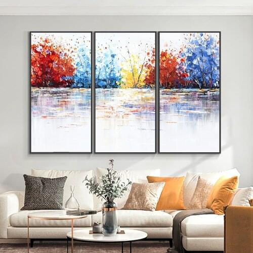 3pcs Combination Oil Painting 100% Hand Painted On Canvas Modern Thick Red Blue Trees Wall Art For Living Room Home Decoration