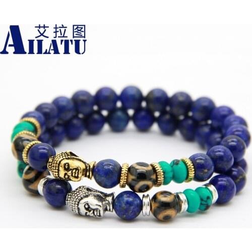 Ailatu Mens Beaded Jewelry 8mm Lapis Lazuli Stone Beads Antique Silver Color Dazi Yoga Buddha Bracelet