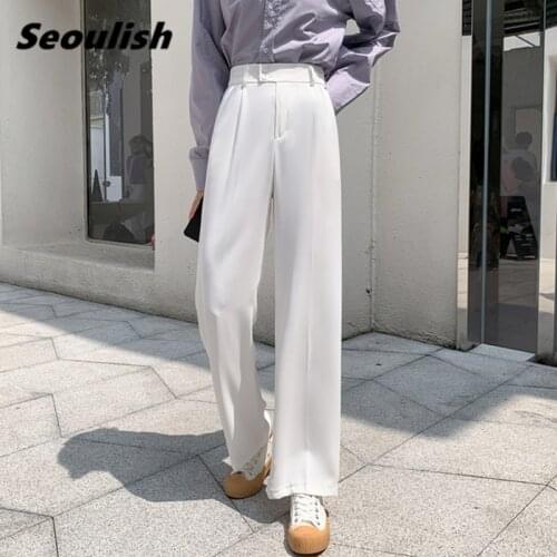 Seoulish 2021 New White Wide Leg Womens Pants Button High Waist Female Elegant Minimalism Work Loose Trousers Spring Summer