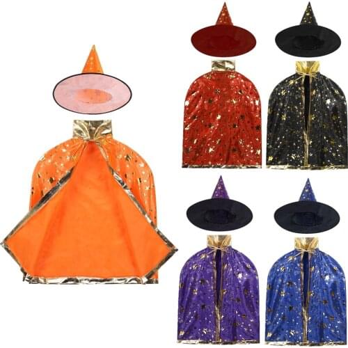 Kids Halloween Cosplay Costumes Witch Wizard Cloak Cape with Pointed Hat Set Anime Cosplay Party Girls Boys Magician Outfit