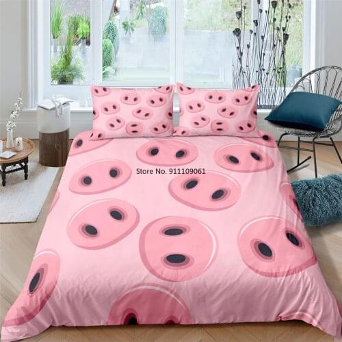 Cute Piggy Printed Pink Duvet Cover Set 2-3pcs Cartoon Animal Queen King Size Bedding Set Bedclothes Home Textile for Kids Adult