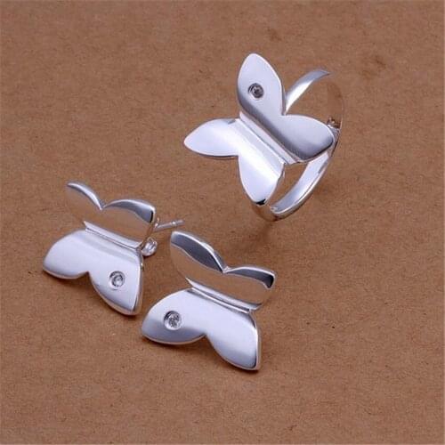 Hot Charms Fine 925 sterling Silver crystal butterfly stud earrings rings Jewelry sets for women Fashion Party Holiday gift