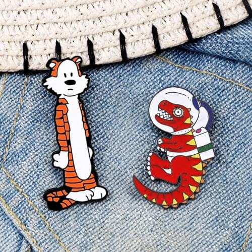 Cartoon Dinosaur Tiger Pins Colorful Dinosaur Standing Tiger Badges Unisex Jewelry Animals Metal Enamel Brooches Cute Funny Pin