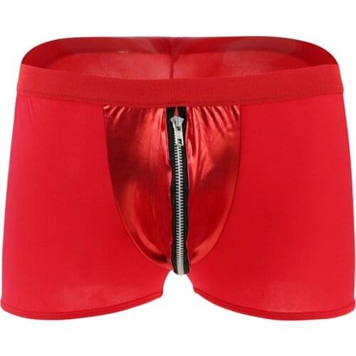 Mens Sexy Lingerie Panties Faux Leather Zipper Underwear Bulge Pouch Gay Clubwear Boxer Shorts Zipper Open Crotch Underpants A50