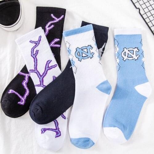 5 pairs Women Socks Harajuku Lightning Hip-hop Cotton Novelty Socks Couple Streetwear Black White Blue Japanese Fashion High