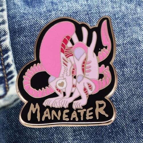 Pink Maneater Cartoon Brooch Metal Enamel Lapel Badge Collect Denim Jacket Backpack Pin Decoration Children Fashion Gifts