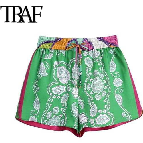 TRAF Women Chic Fashion Patchwork Printed Shorts Vintage High Elastic Waist With Drawstring Female Short Pants Mujer