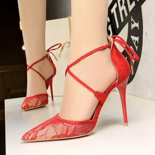 Sexy Cross Ankle Strap Flock Nightclub Pumps 2020 Fashion Women High Heels 10cm Elegant Lace Hollow Out Shoes For Woman Red Pink