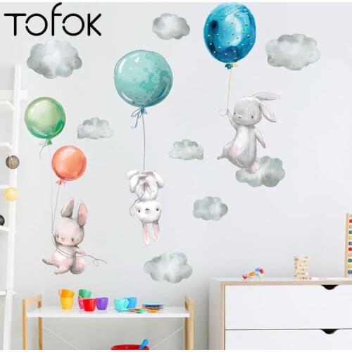 Tofok Blue Color Bunny With Air Balloons Wall Stickers for Kids Room Boys Bedroom Decoration Wall Decals Watercolor Stars Cloud