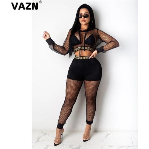 VAZN 2020 Autumn Top Quality Plus Size Sexy Club Lace See Through Solid Hooded Full Sleeve Top Long Pants Slim Women 2 Piece Se