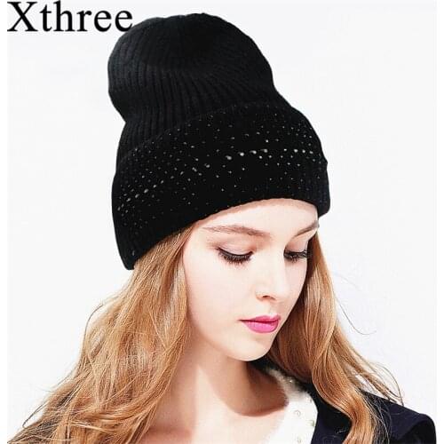 Xthree Fashion Winter Hat for Women 's Hat Cashmere Knitted Hat With Rhinestones Pointed Skullies Beanies Hat Girl Wool Cap