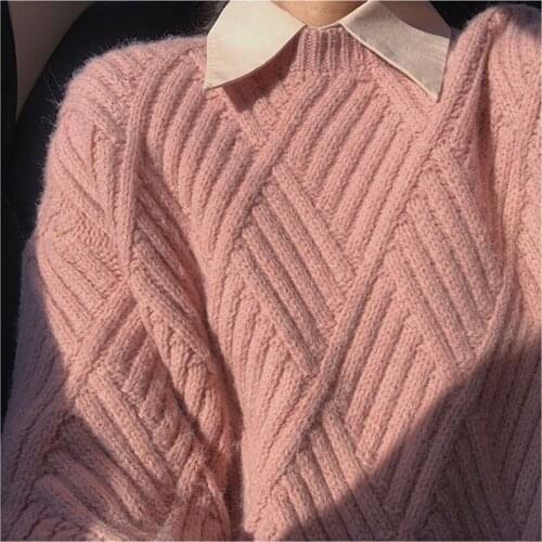 Fashion Blue Pink White Knitted Pullover Sweater Women 2021 Vintage Solid O Neck Long Sleeve Female Streetwear Casual Topsсвитер