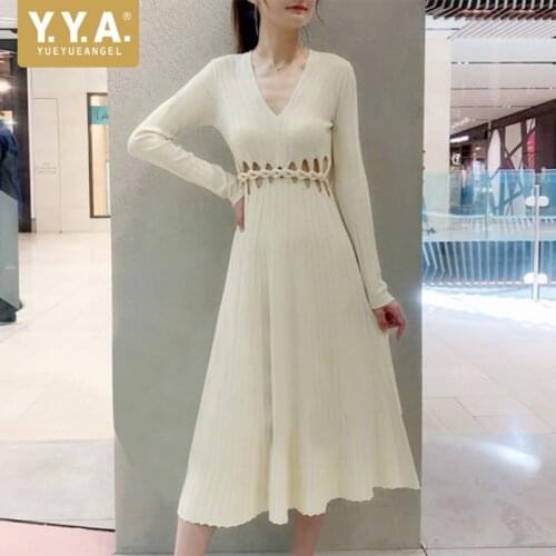 Spring Women Long Dress Double sided Wool Hollow Out Weave Sexy V Neck Knitting Dresses Ladies Slim Fit Mid Calf Casual Dress