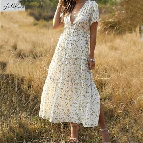 Boho Women Summer Floral Printed Dress Lady Elegant Short Sleeve Ruffles V neck Empire Slim A line Dresses 2020 Fashion Vestidos