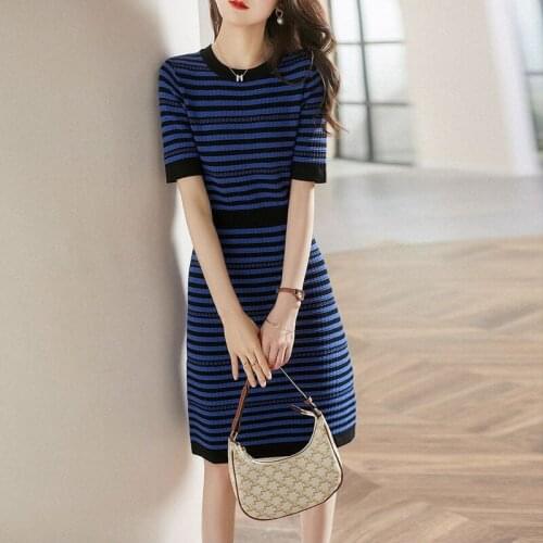Summer Elegant Slim Short Sleeve Knitted Bohemia Women Sweater Dress Korean Style Fashion Streetwear Light Stripe Sweater Dress