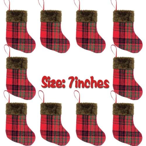 10PCS Christmas Stockings Classic Red Plaid Hanging Stockings with Plush Cuff for Home Décor