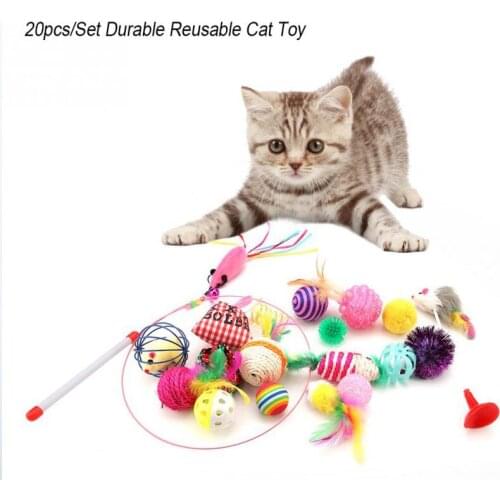 20Pcs/set Cat Feather Toy Cat Stick Feather Wand With Bell Cat Teaser Toy Cat Balls Mouse Cage Toys Plastic Artificial Colorful