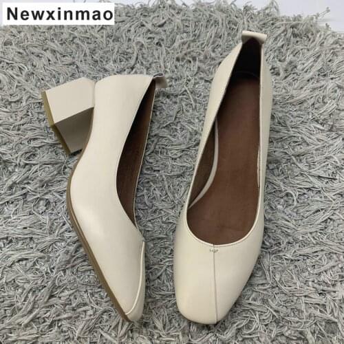 2021 New Genuine Leather Square Heel Women Pumps Fashion Concise Spring Summer Women Shoes Ladies Office Working Pumps