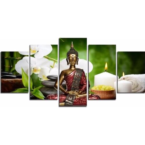 5 Pieces Canvas Print Modern Fashion Wall Art the White Orchid Candles Buddha Landscape for Home Decoration No Frame