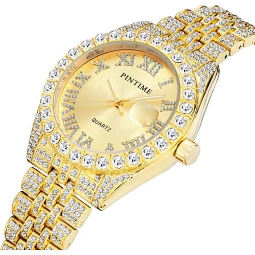 PINTIME Luxury Gold Diamond Mens Watches Top Brand Iced Out Watch Men Hip Hop Steel Clock Montre Homme Relogio Reloj Hombre