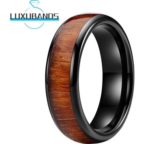 Black Tungsten Rings For Womens Mens 6MM Koa Wood Inlay Wedding Bands Polished Finished Comfort Fit