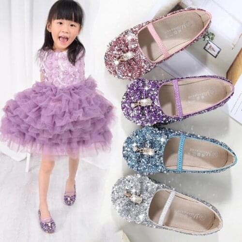 Princess Kids Leather Shoes For Girls Flower Casual Glitter Children Girls Shoes Butterfly Knot Blue Pink Silver