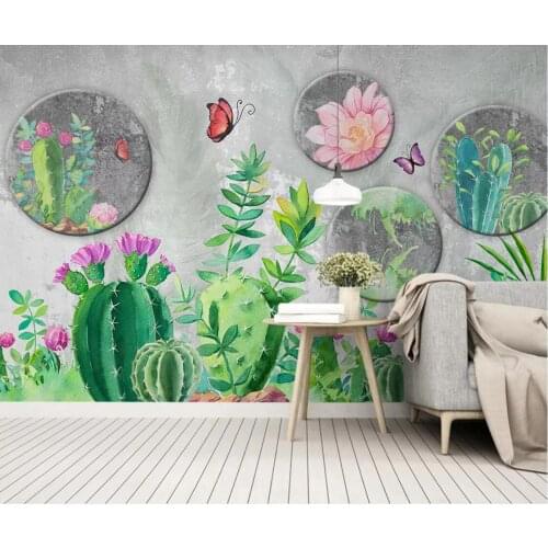 Cacti Cactus Wall Mural Nordic Flower Wallpaper Grey Background HD Printed Photo Wall Paper Home Improvement Butterfly Wallpaper