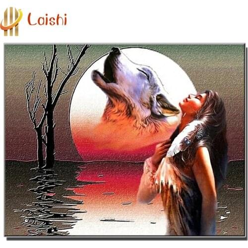 Full Round Drill Rhinestone Picture animal DIY Moon, indians and wolves 5D Mosaic Craft Diamond Painting Home Wall Decor Gift