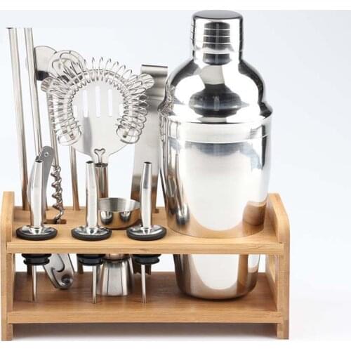 Stainless steel cocktail set wooden base cocktail set 12 pieces various size