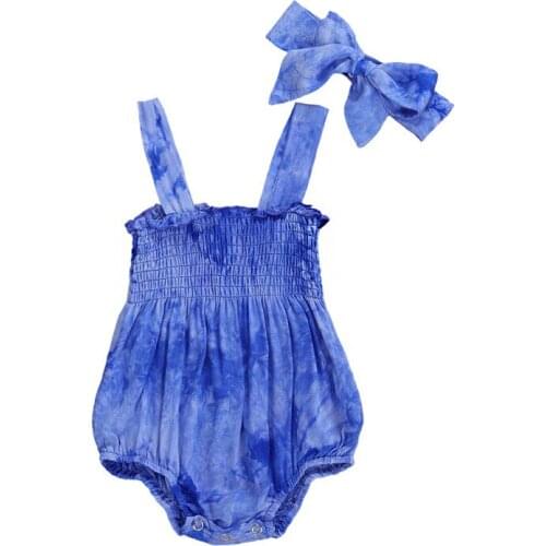 0-24M Newborn Infant Baby Girl Tie Dye Pattern Romper Sling Ruffle Chest Pleated Jumpsuit Elastic Bodysuit Headband Outfit