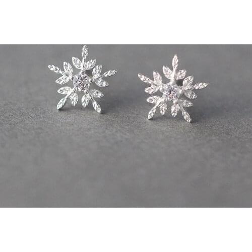 925 Sterling Silver Crystal Snowfake Korean Studs Earrings For Women Christmas Jewelry Accessories A141