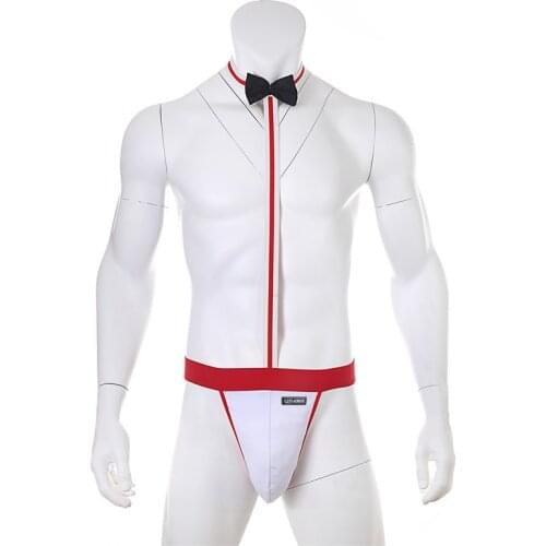 Sexy Male Mankini Underwear G String Men Sexy Bodysuit Thong Bow Tie Waiter Homme One-piece Lingerie Erotic Performance Costume