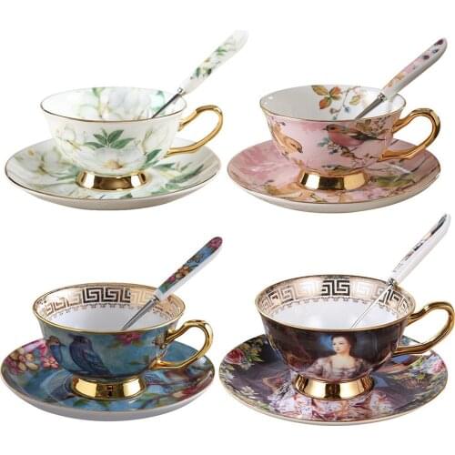 European Style Bone Porcelain Coffee Cup Set Vintage Ceramic Afternoon Tea Cup Saucer Spoon Luxury Gift For Cafe Shop Home