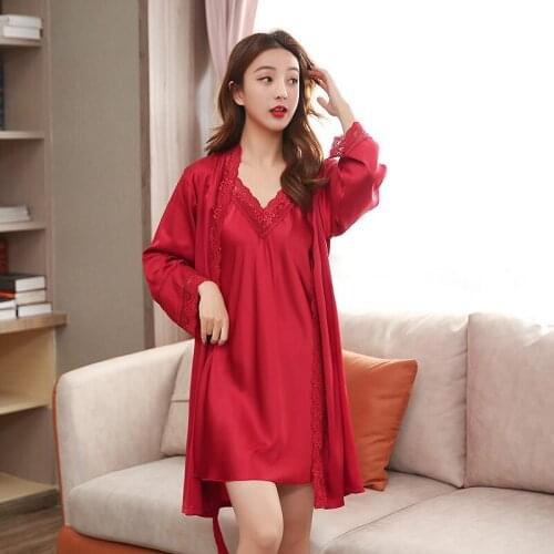 2PCS Nighty& Robe Set Sexy Bride Bridesmaid Wedding Gift SUIT Female Lace Trim Sleepwear SIlkySatin Nightgown Intimate Lingerie