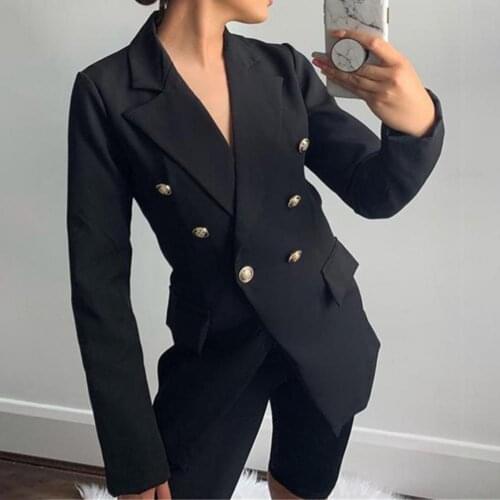 Solid Color Women Office Formal Double Breasted Buttons Blazer Women Slim Fit Medium Long Blazer Womens Blazers For Business