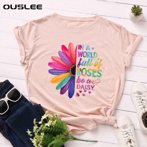 OUSLEE 100% Cotton Sunflower Harajuku T-shirt Women Summer Printed T Shirts Female Casual Ullzang Korean Style Tee Top Plus Size